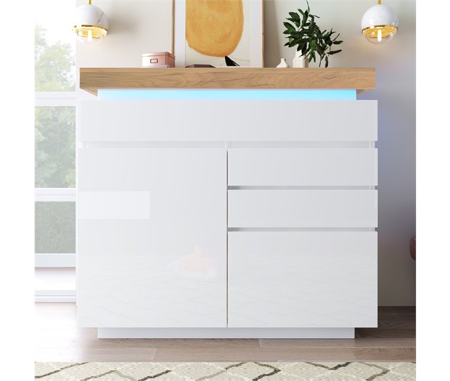 Aparador de painel de partículas com 2 portas e 3 gavetas Natural/ Branco