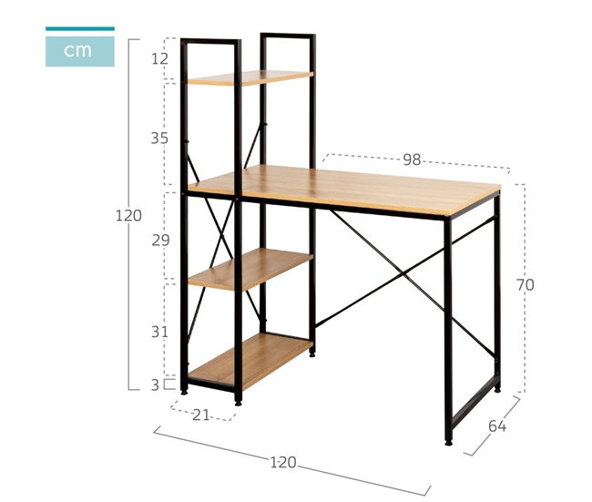 Max Home Secretária com prateleiras em madeira e aço 120x64 Preto/ Madeira