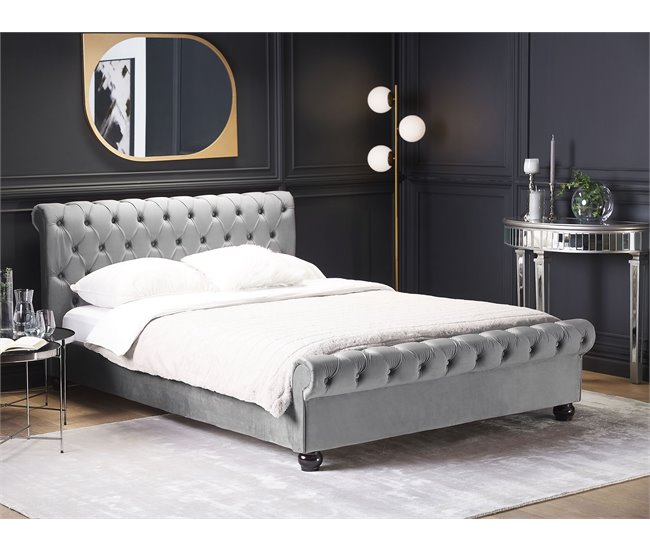 Beliani Cama com estrado Veludo AVALLON 152x233 Cinza Claro