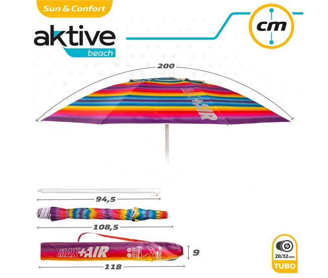 Guarda-sol de praia teto ventilado + proteção UV50 Aktive Beach Multicor
