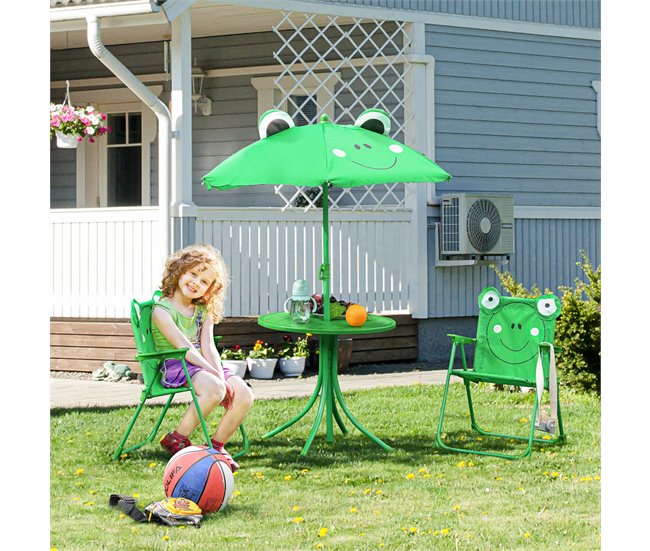 Conjunto Mesa e Cadeiras Exterior Infantil Metal e Poliéster Verde