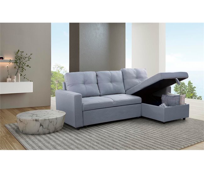 Sofá Cama Com Baú e Chaise Longue Cinza Claro