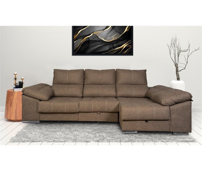 Sofá-cama Yago Chaise Longue Poltrona reclinável, com pufes Arcon +2 Castanho Claro