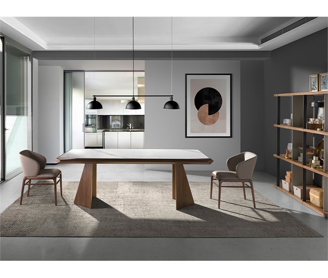 ANGEL CERDA Tabela de jantar retangular mármore porcelânico e nogueira 220x110 Nogal