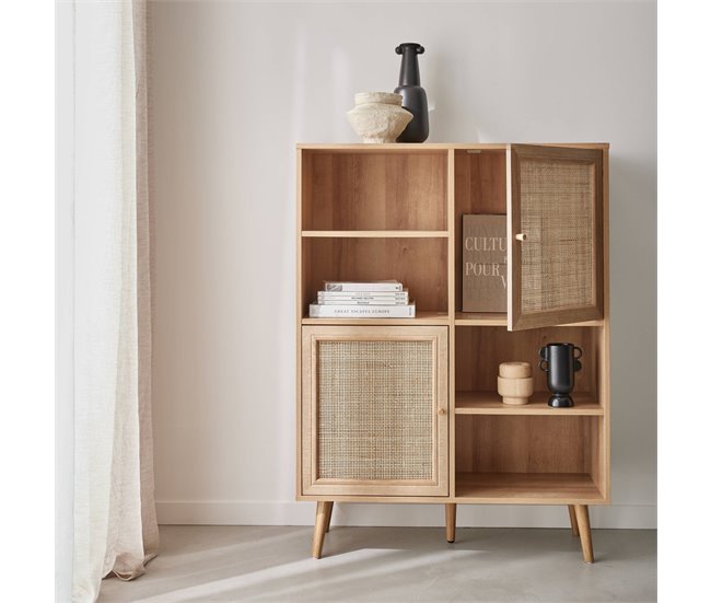 Aparador de arrumação de estilo boémio com efeito cana e madeira, 90 Madeira