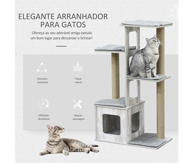 Arranhador para Gatos Aglomerado de Madeira, Pelúcia e Juta Cinza