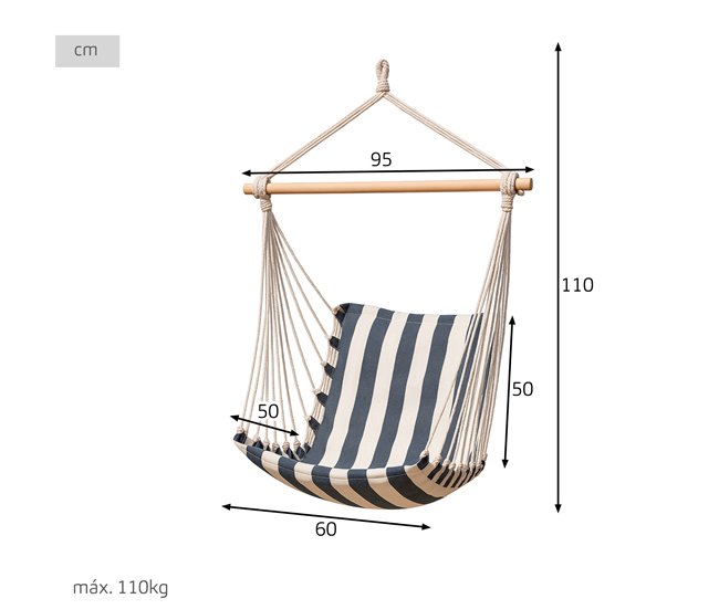 Aktive Cadeira suspensa listrada com suporte de madeira Branco/ Azul