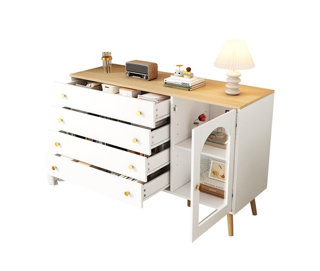 Aparador de painel de partículas com 1 porta e 4 gavetas Branco