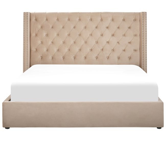 Beliani Cama com armazenamento Veludo LUBBON 190x217 Bege