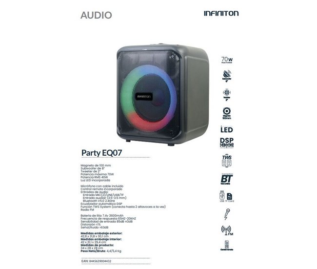 Altifalante portátil INFINITON Party EQ07, 70 W, Bluetooth, rádio FM Preto