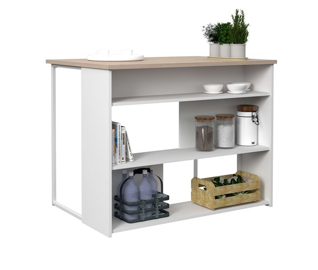 Mesa auxiliar de ilha de cozinha alta Buh Branco/ Madeira