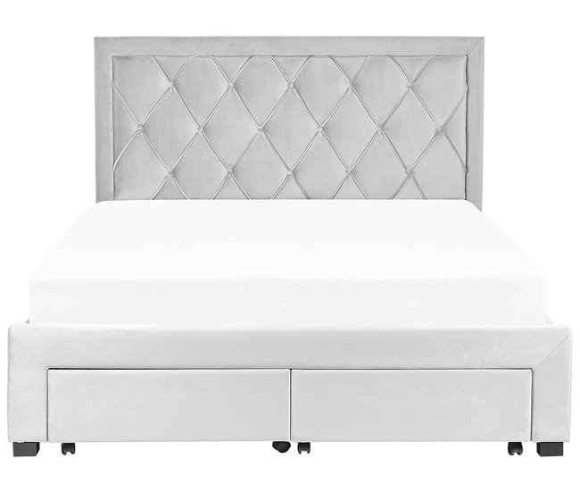 Beliani Cama com armazenamento Veludo LIEVIN 165x217 Azul Marino