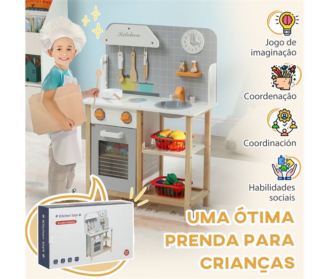 Cozinha de Brinquedo MDF e Madeira de Pinho AIYAPLAY Cinza
