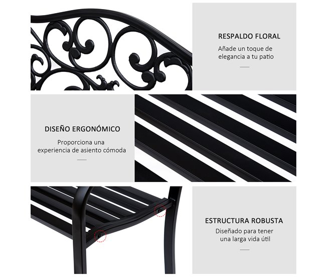 Banco de Jardim Aço e Ferro Fundido Outsunny Preto
