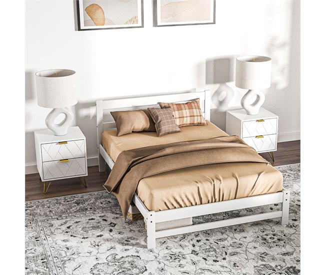 Estrutura de Cama de Casal Madeira de pinho HOMCOM, casa - quarto Branco