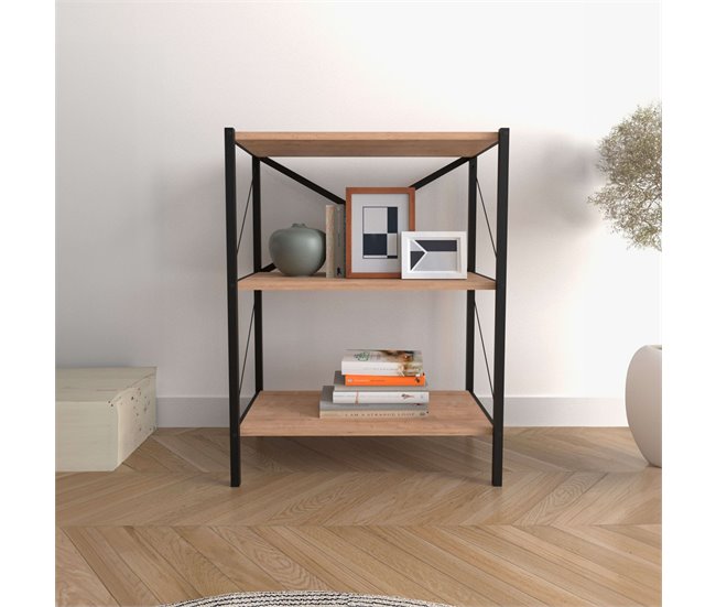 Estante para sala de estar Rus com 3 prateleiras Preto/ Madeira