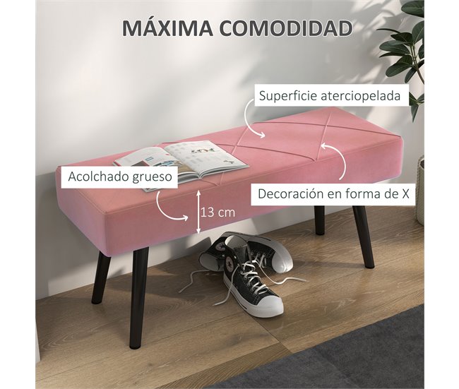 Banco de Pé de Cama Veludo (100% poliéster), esponja e aço HOMCOM Rosa