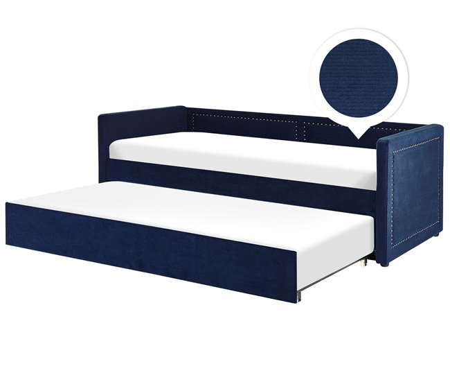Beliani Cama com estrado Bombazine MIMIZAN Azul Marino