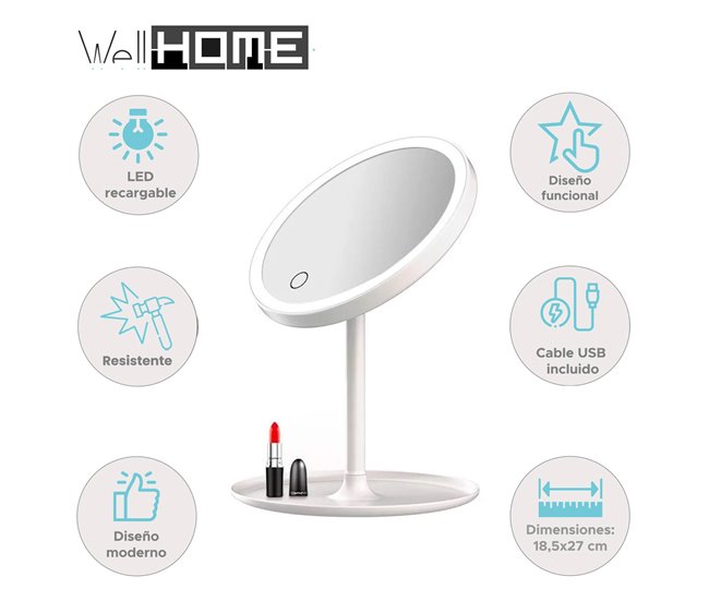 Espelho Well Home com luzes LED recarregáveis ​​e ajustáveis ​​e carregamento USB Branco