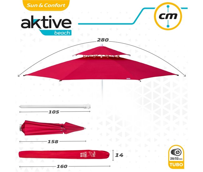 Guarda-sol octogonal de com teto duplo e proteção UV35 + Aktive Beach Vermelho