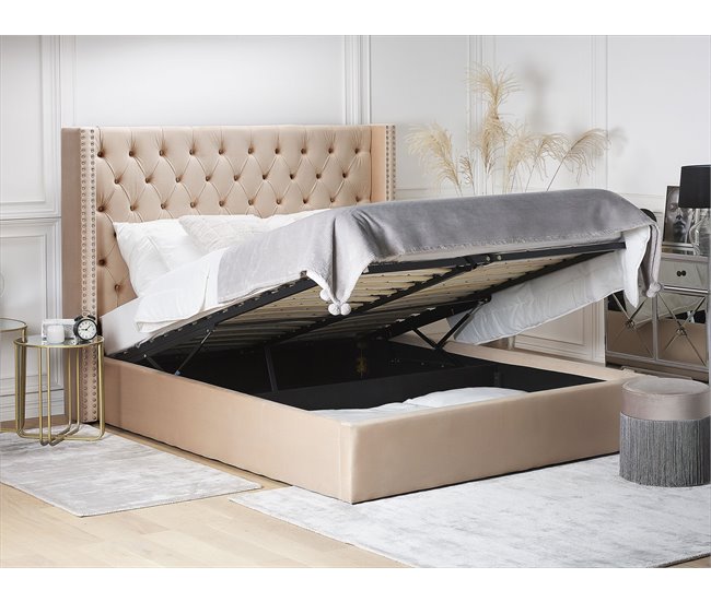 Beliani Cama com armazenamento Veludo LUBBON 190x217 Bege