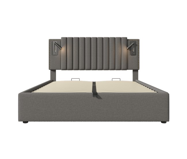 Cama estofada 160x200 cm - com arrumação, cabeceira com luz led usb, design com tachas, com estrado e colchão - cinza