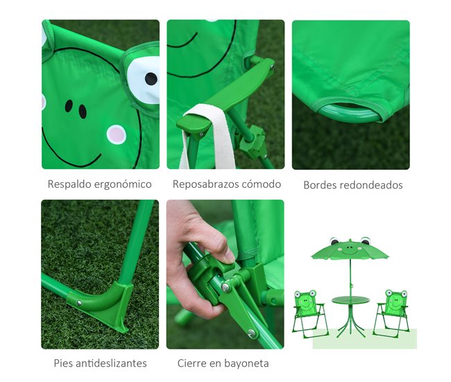 Conjunto Mesa e Cadeiras Exterior Infantil Metal e Poliéster Verde