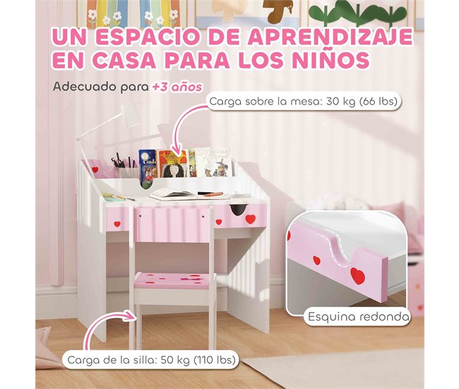 Secretéria e Cadeira para Crianças MDF AIYAPLAY 69x50 Rosa