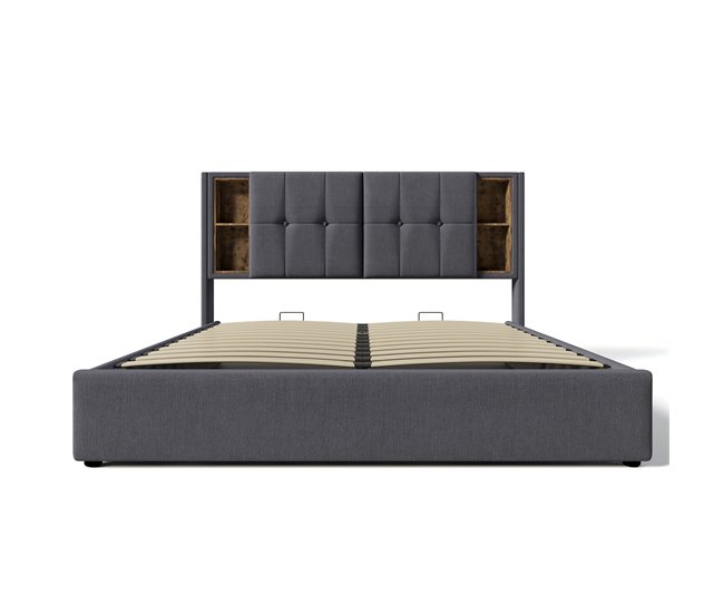 Cama de casal 160x200 cm - cama com carregamento sem fios usb c, com arrumação, estrado de madeira - cinza algodão