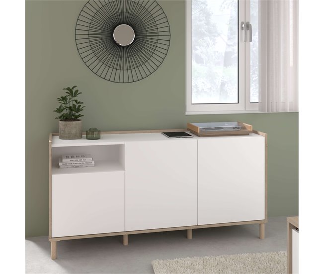 Aparador estilo japonês Azzaro com melamina Branco/ Madeira