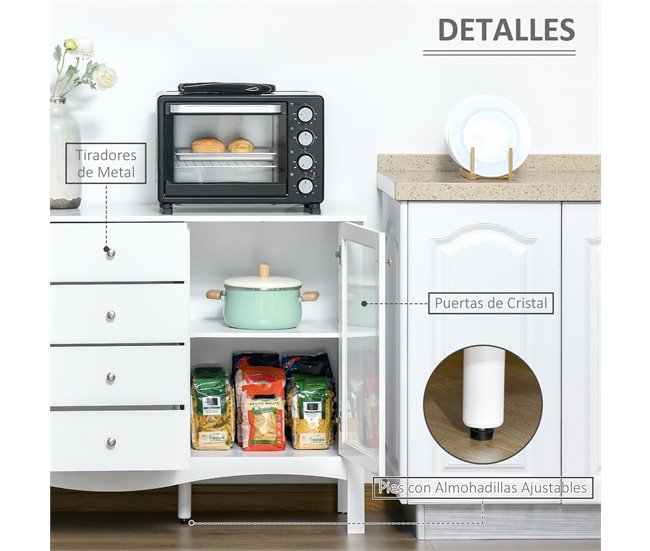 Aparador de Cozinha MDF, Vidro Temperado HOMCOM 136 Branco