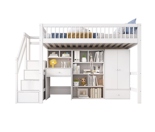 Cama infantil individual 90x200 - multifuncional com secretária, escada, compartimentos e armário - branco
