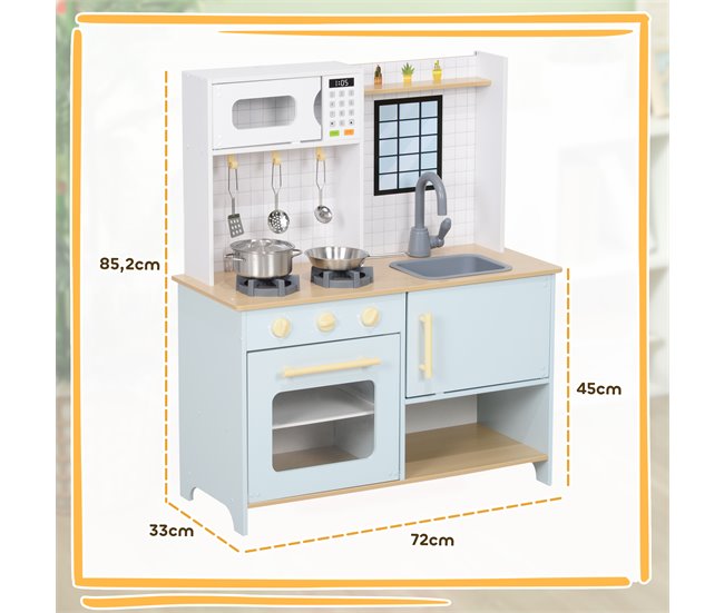 Cozinha de Brinquedo MDF, Aço Inoxidável e PP AIYAPLAY Azul