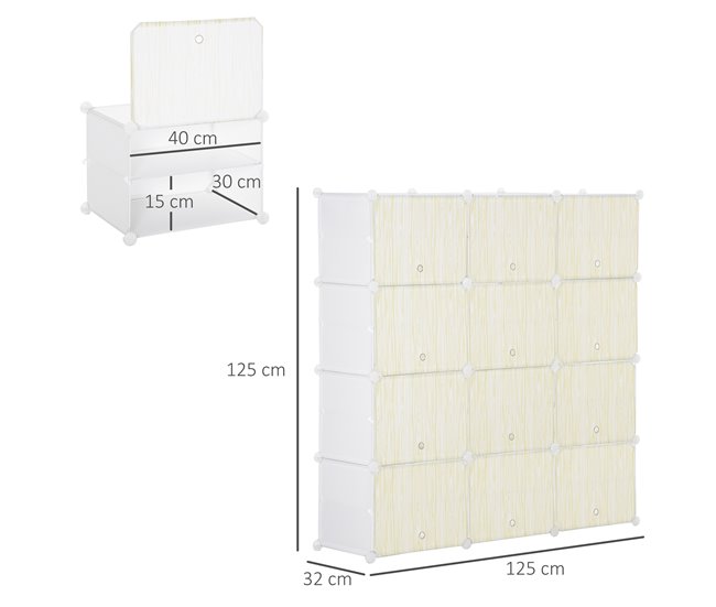 Armário Modular 12 Cubos PP e Aço HOMCOM Natural/ Branco