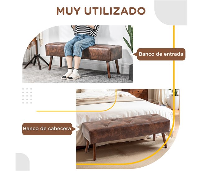 Banco Pé de Cama PU, Espuma e Madeira de Borracha HOMCOM Castanho