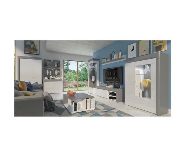 Vitrina LED de 1 porta e abertura à direita, incluindo Teo Branco/cinza