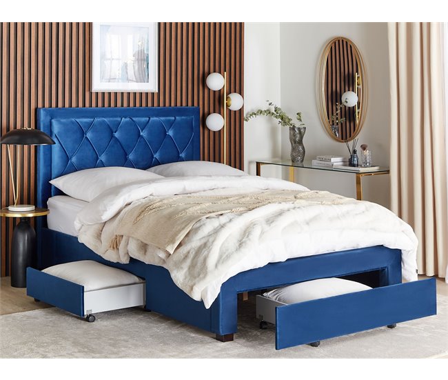 Beliani Cama com armazenamento Veludo LIEVIN 145x217 Azul Marino