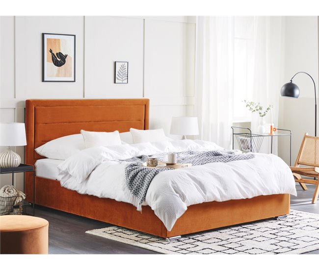 Beliani Cama com armazenamento Veludo ROUEN 168x214 Laranja