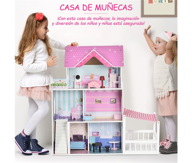 Casa de Bonecas Madeira de Pinho e MDF HOMCOM Rosa