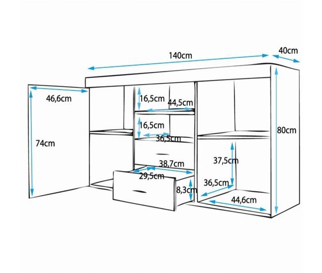 Aparador Sala de estar e jantar 2 portas 2 gavetas Roque 140 Branco/cinza