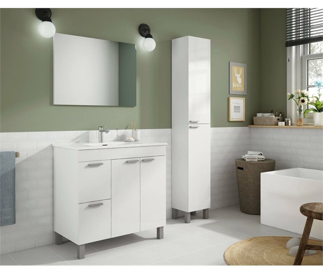 Armário de casa de banho com 2 portas, 2 gavetas e um espelho Dgabett 80 Branco Brillo