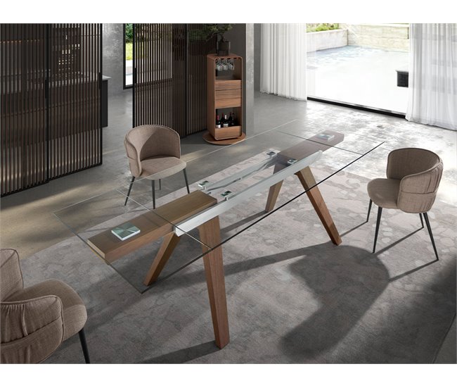 ANGEL CERDA Mesa de jantar extensível retangular vidro temperado e nogueira 270x100 Nogal