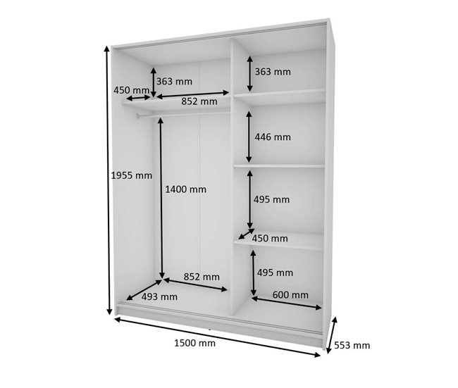 Roupeiro YORK portas deslizantes com espelho 150x195cm Branco