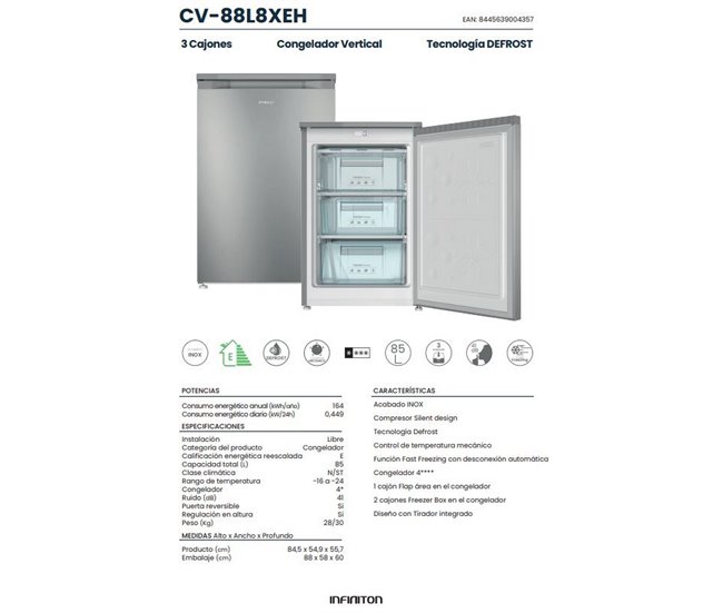 Arca Vertical Infiniton CV-88L8XEH, 85 L Inoxidavel