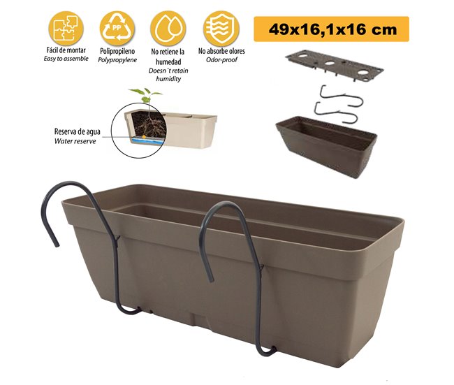 Jardineiro de 50 cm com suporte de fixação Cinza