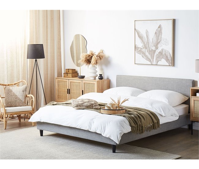 Beliani Cama com LED Poliéster FITOU 190x214 Cinza Claro