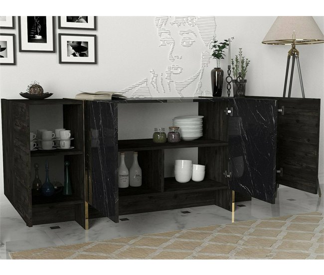 Aparador com efeito madeira Preto/ Dourado