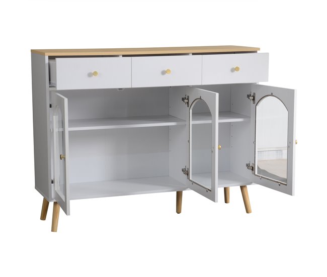 Aparador de painel de partículas com 3 portas e 3 gavetas Natural/ Branco
