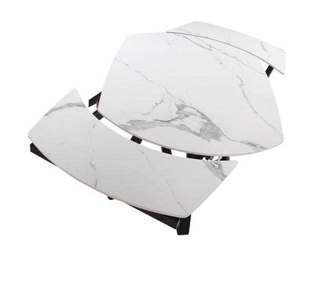 ANGEL CERDA Mesa de jantar extensível barril oval mármore porcelânico e aço preto 178x90 Branco