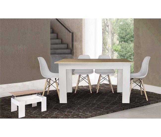 Pack Poupança: Mesa de Jantar + 4 Cadeiras + Mesa de Centro 140x80 Branco